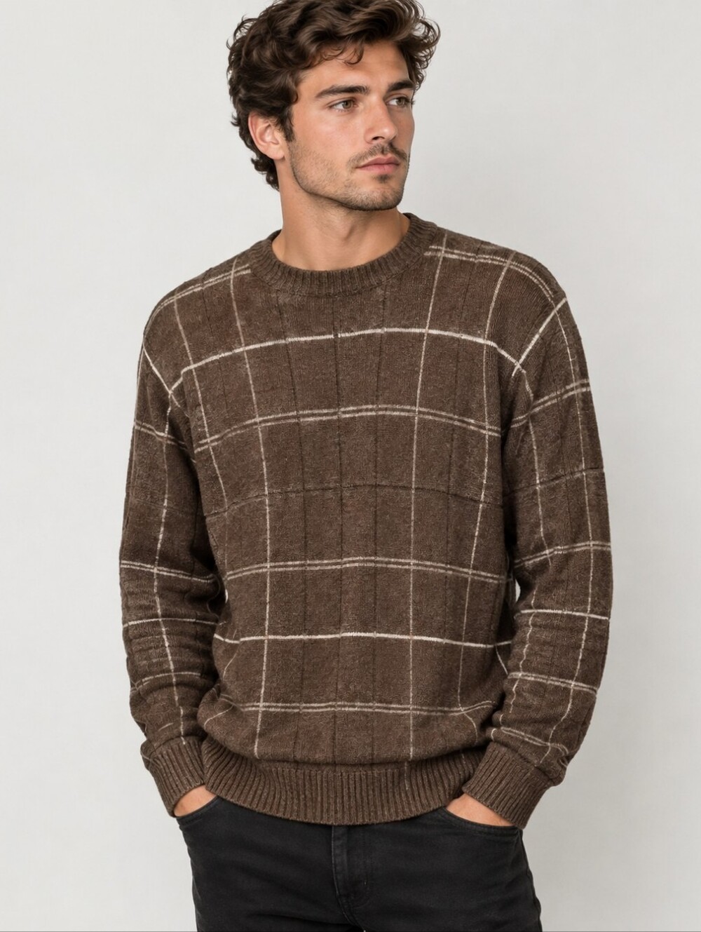Oscar de la Renta Mens Brown Striped Crewneck Sweater Large
